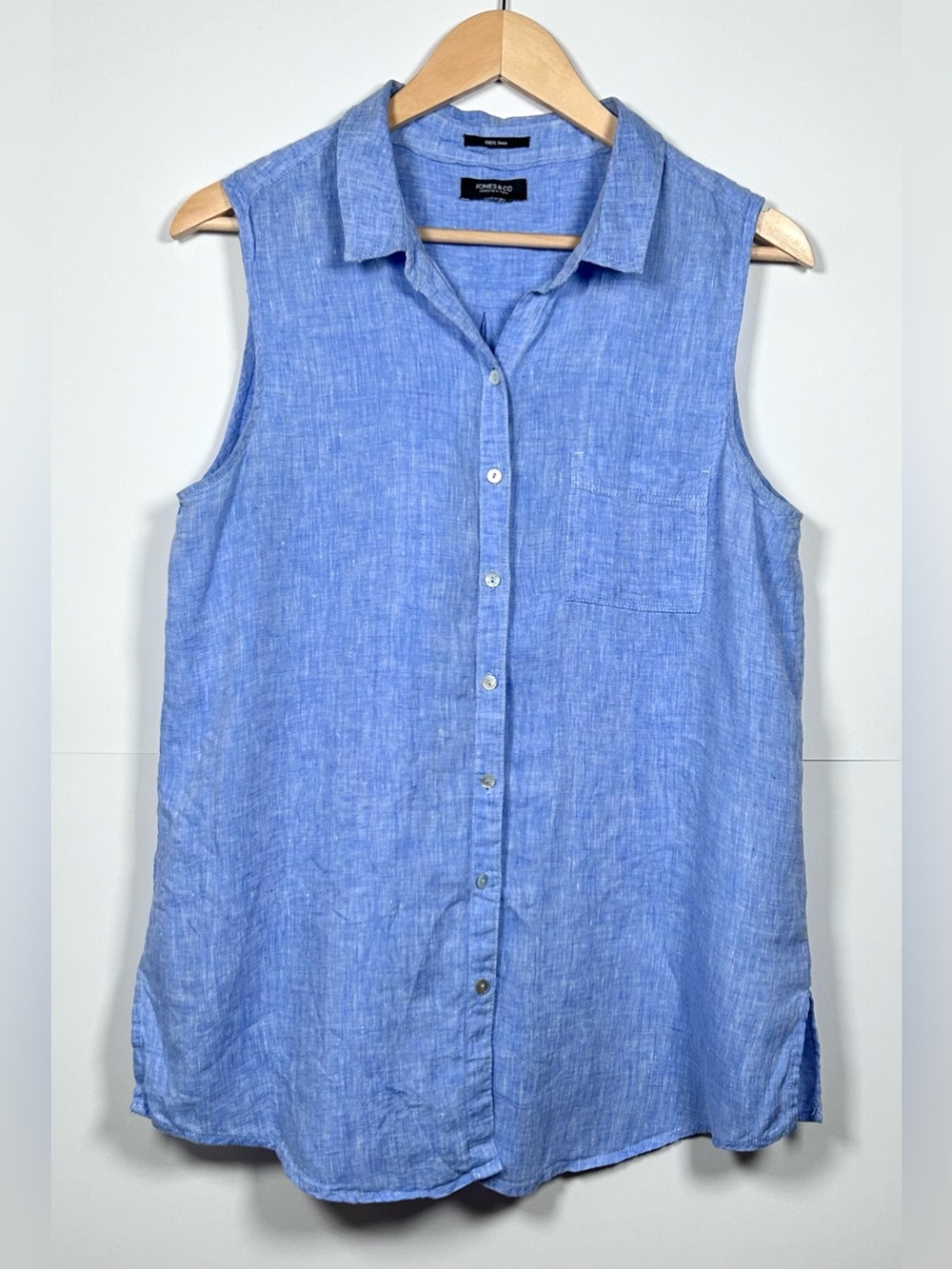 Jones New York Linen Sleeveless Button Down Shirt Lagenlook Coastal Blue Large